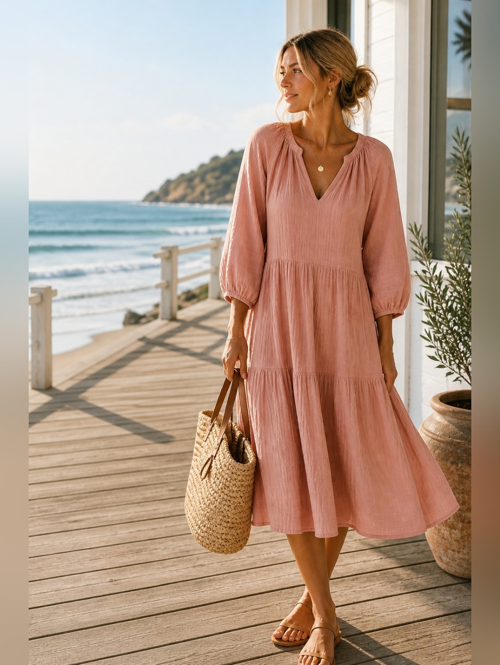 NATION LTD Gauze COTTON Tiered MIDI Peasant DRESS Blush Pink BOHO Women's Size S